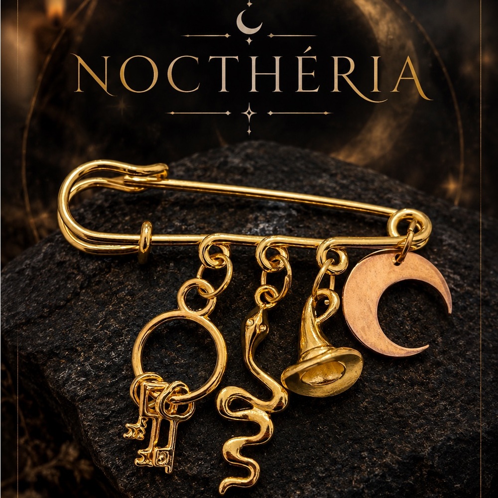 Gold-Tone Witch Charm Safety Pin Brooch with Crescent Moon